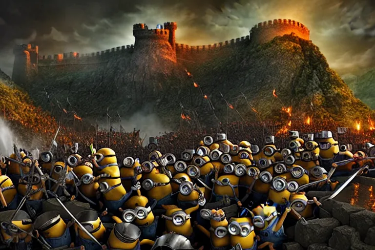 Image similar to diorama of minions fighting orcs in the battle of helm's deep, giant castle walls, realistic, 4 k, detailed, atmospheric, cinematic lighting