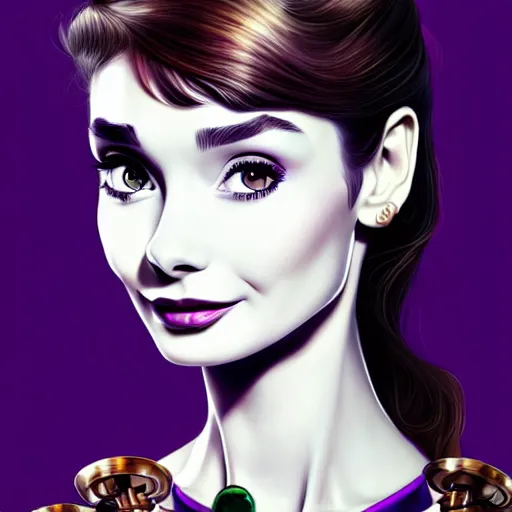 Image similar to in the style of diego fazio, artgerm, beautiful audrey hepburn, steampunk, elegant pose, middle shot, spooky, symmetrical face symmetrical eyes, three point lighting, detailed realistic eyes, short neck, purple and green top clothing, insanely detailed and intricate elegant