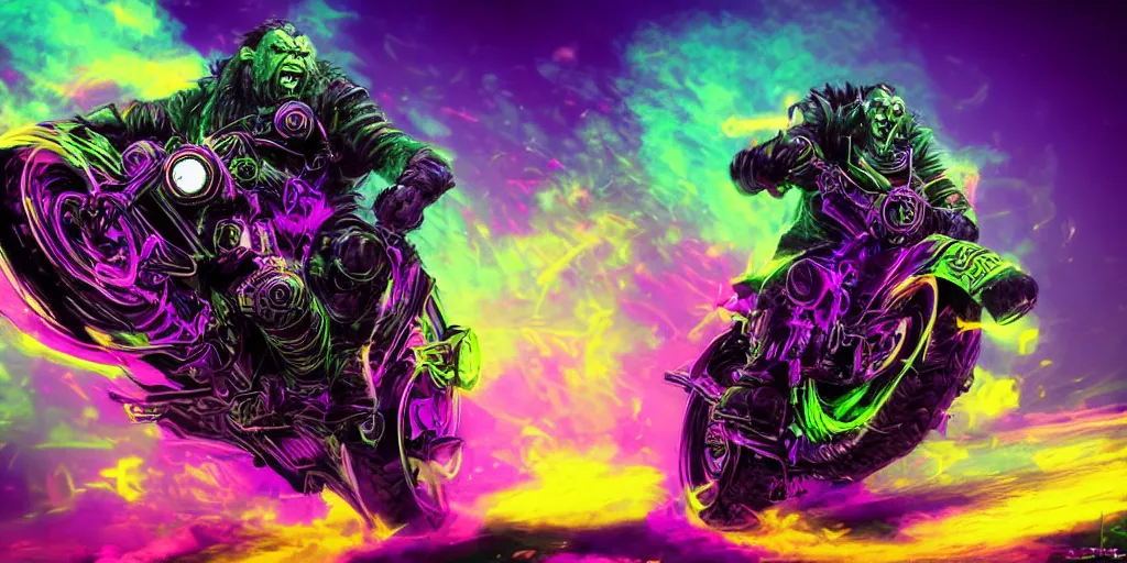 Image similar to psychedelic blacklight neon airbrush artwork, motorcycle, hyper stylized action shot of an orc popping a wheelie on a motorcycle, menacing orc, clear focused details, soft airbrushed artwork, black background, apocalyptic, cgsociety, artstation, peter lloyd art, peter palombi art