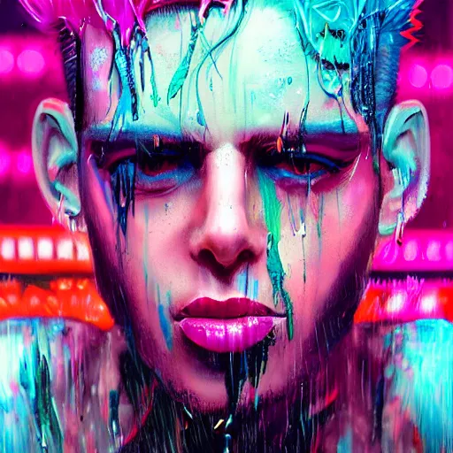 Image similar to splashes of neon, mowhawk, punk portrait made out of paint with rain in the background, trending on artstation, epic composition, emotional, beautiful, rendered in octane, highly detailed, realistic, tim burton comic book art, sharp focus, matte painting