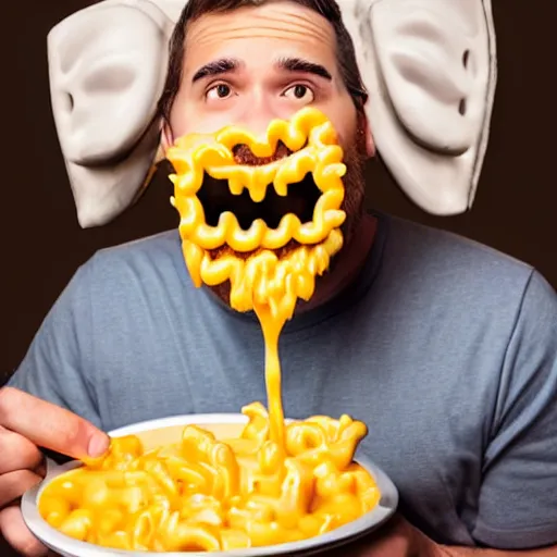 Image similar to a man with mac n' cheese streaming out of his eyes, nose, mouth and ears. photograph. delicious.