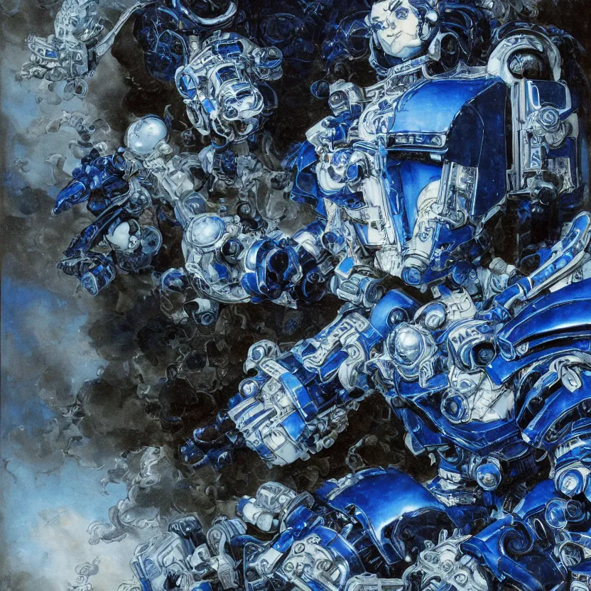 Image similar to a dark baroque close - up portrait of an ornate blue and white porcelain mecha made out of white vitrified translucent ceramic ; china. reflective detailed textures. gloomy black background. highly detailed fantasy science fiction painting by moebius, norman rockwell, frank frazetta, and syd mead. rich colors, high contrast. artstation