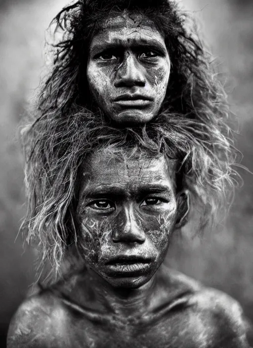 Image similar to Award winning Editorial photo of a Native Nauruans with incredible hair and beautiful hyper-detailed eyes wearing traditional garb by Lee Jeffries, 85mm ND 5, perfect lighting, gelatin silver process