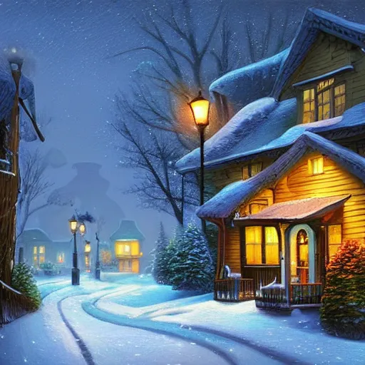 Prompt: street with cottage inspired by Evgeny Lushpin,winter,nighttime,cinematic,art station