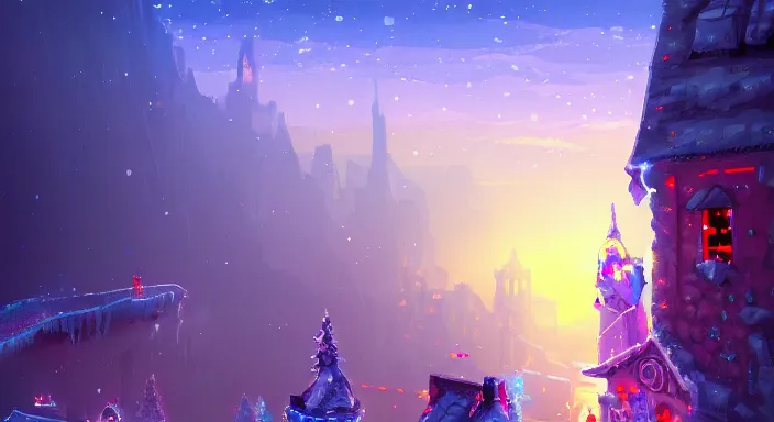 Prompt: beauiful background painting of an ice level of a 2 d sidescroller game, a city full of light in the distance, night time, video game art, pixel art, concept art, vivid and romantic, impressionism, ultra detailed, cool lighting, trending on artstation