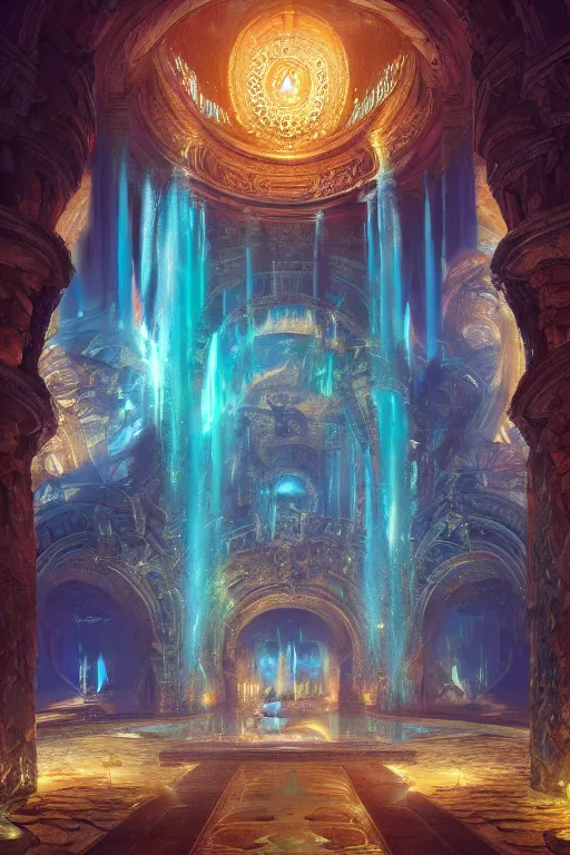 Image similar to inside of an atlantis palace, bioluminescent light, fountain, crystals, intricate, elegant, volumetric lighting, digital painting, highly detailed, artstation, sharp focus, illustration, concept art, ruan jia, steve mccurry