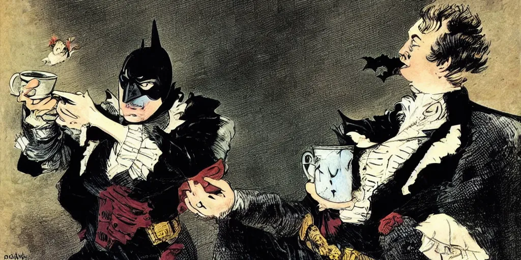 Prompt: Batman in victorian-costume is drinking tea, in style of Jean-Honore Fragonard, surrealist