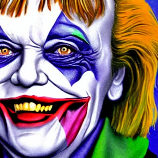 Image similar to angela merkel is the joker, airbrush art, drew struzan illustration art, key art, portrait