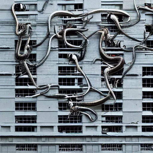 Image similar to “a multiheaded snake insect chimera destroying buildings”