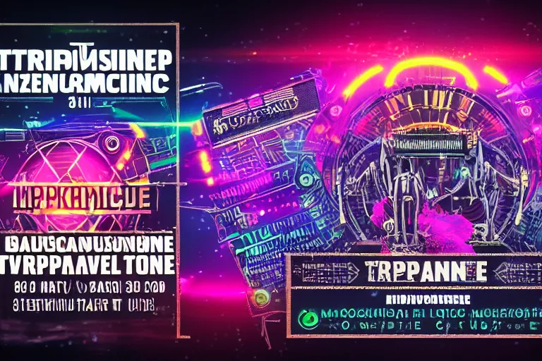 Image similar to mockup of a concert ticket, bandname is tripmachine, tour is invasion of the tripmachines, realistic digital art, 3 d render of a huge futuristic steampunk generator, 8 k, fluorescent colors, halluzinogenic, multicolored, exaggerated detailed, unreal engine