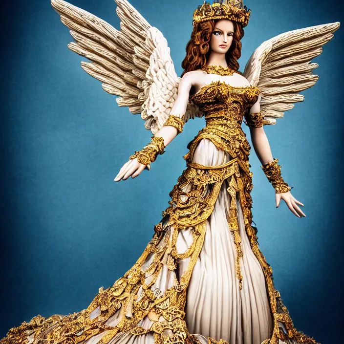 Prompt: full length photo of a very beautiful!! angel queen with ornate dress, highly detailed, 4 k, hdr, smooth, sharp focus, high resolution, award - winning photo