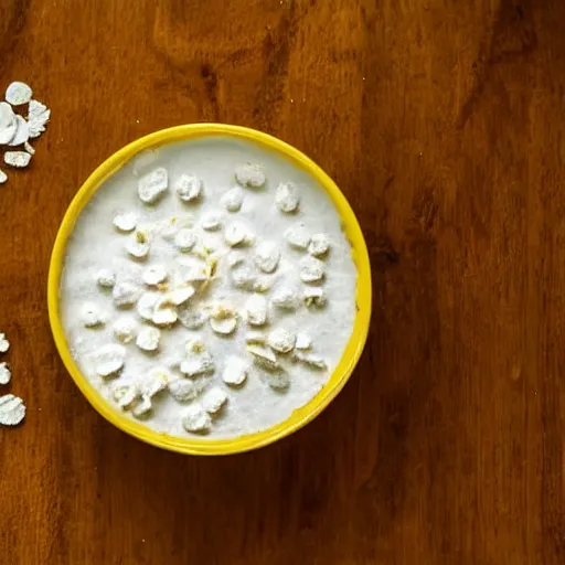 Prompt: a bowl of cornflakes in milk on a yellow table shot from above