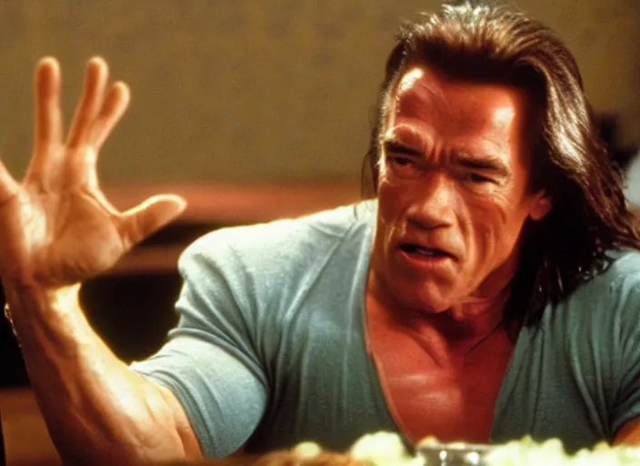 Prompt: arnold schwarzenegger in a still from the movie The Room (2003), You Are Tearing Me Apart Lisa!