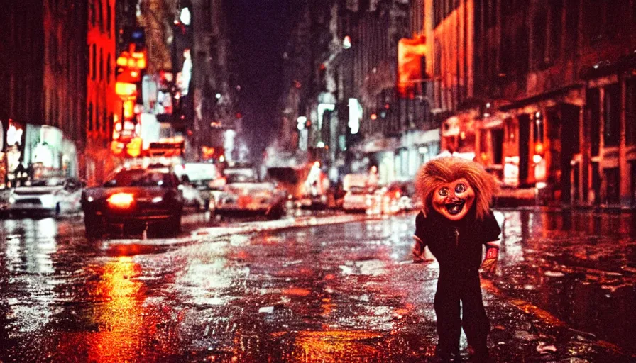 Prompt: street of new york, photography, night, rain, mist, a screaming chucky doll, cinestill 8 0 0 t, in the style of william eggleston