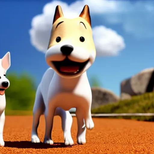 Image similar to tintin and his tiny white fox terrier, depicted as a pixar character, high quality cg render, 8 k