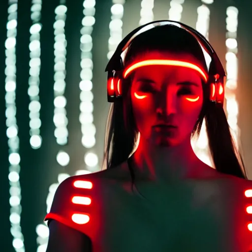 Image similar to cybernetic faceless female warrior with glowing red headphones