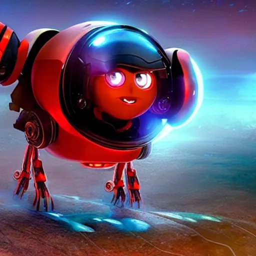 Image similar to promotional movie still, ladybug futuristic ( ( descendants ) ), ladybug quadruped with big rgb eyes, huge ladybug mothership, space western, dramatic lighting, the fellowship of the ring ( film ), ( ( ( wall - e ( film ) ) ) )