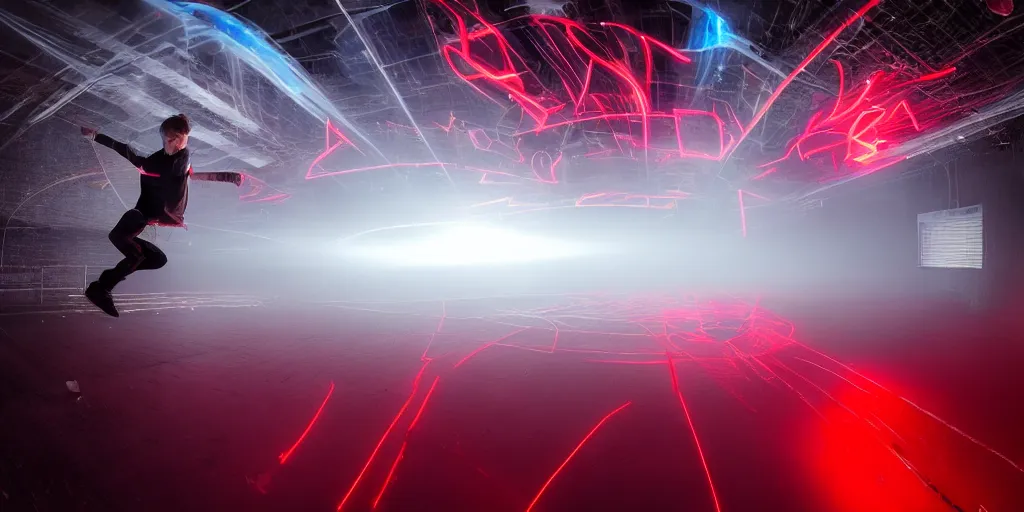 Prompt: slow motion with trail effect of futuristic break dancers, long exposure shot , bullet time effect, at night there is fog and a giant red neon triangle emitting energy, paddle of water, steam, water splashes, rim lights, glossy reflections, water droplets on lens, octane render, detailed and soft, 10mm fisheye