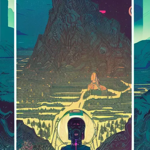 Prompt: Stunningly intricate illustration of a cyberpunk explorer overlooking a moving mountain by a lake, highly detailed, midnight, by Victo Ngai and James Gilleard , Moebius, Laurie Greasley