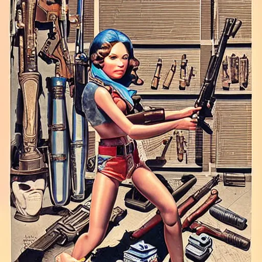Prompt: artwork of toy plastic doll next to weapons, hand grenades, rpg, by greg hildebrandt, extremely detailed linework