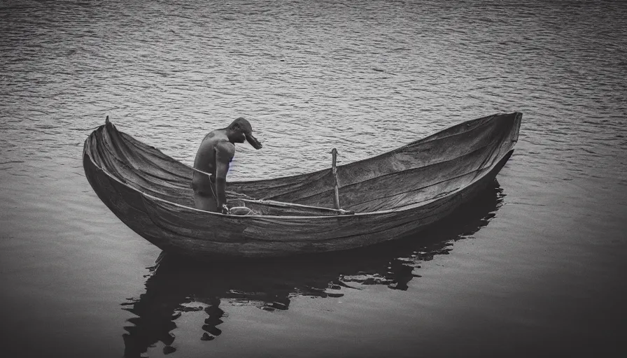 Image similar to a man in a barque made of flesh on a blood river, leica sl 2, heavy grain, high quality, high detail, color