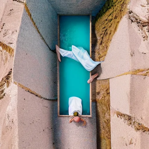 Prompt: a bird eye shot of the most beautiful young athletic slim male ever created sleeping in a chamber full of water, photographed by andrew thomas huang