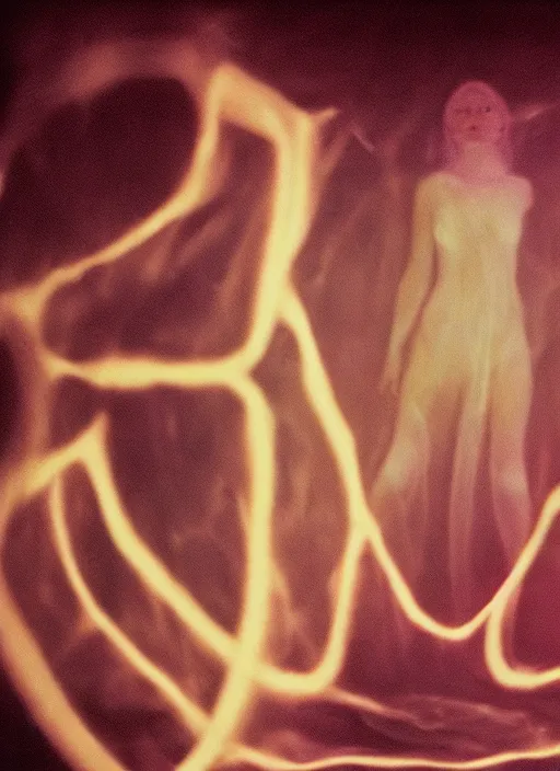 Image similar to a symmetrical female astral projection, liquid glowing aura, out of body experience, film grain, cinematic lighting, experimental film, shot on 1 6 mm