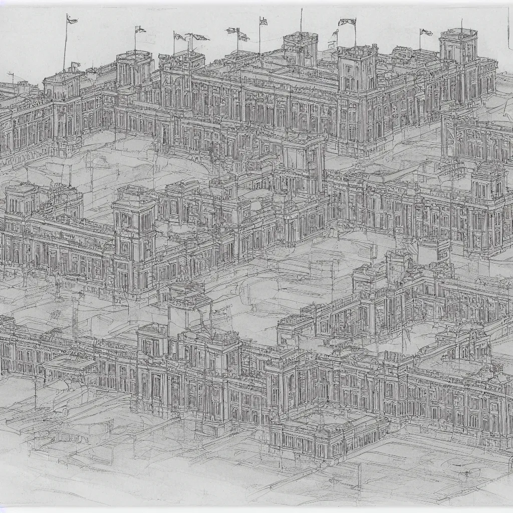 Prompt: detailed architectural drawing of the buckingham palace full view