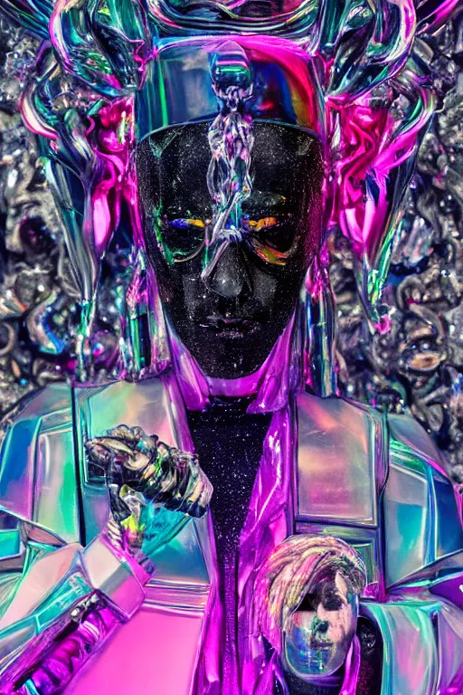 Prompt: hyper detailed ultra sharp photo of fullbodied baroque and bladerunner delicate neon crystalline sculpture of seductive onyx albino marble prince zayn malik dotado pink iridescent humanoid deity wearing blue hooded metallic tuxedo holding an glass skull in a onyx dungeon, reclining, glowing magenta face, crown of white diamonds, cinematic lighting, photorealistic, octane render 8 k depth of field 3 d