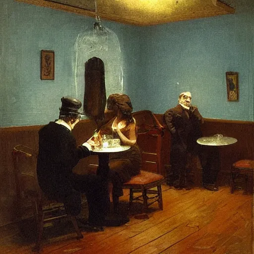 Image similar to ice cream parlor ( 1 8 5 0 ). the room is dimly lit with a one flickering lightbulb. the ice cream case has leaked runny ice cream onto the floor, the shape of the leak is reminiscent of werewolf fangs. there is an eerie blue electric glow. by thomas eakins