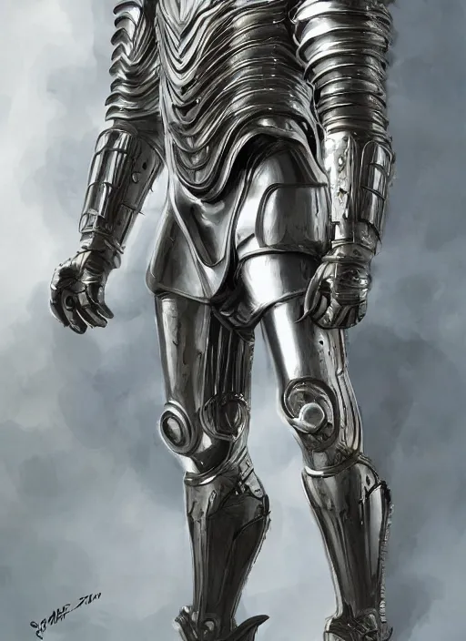 Image similar to powerful male tin man, willem dafoe as tinman, full body character concept, covered in full metal armor, plating, art nouveau, super powers, fantasy, intricate, elegant, highly detailed, digital painting, artstation, concept art, shining, sharp focus, illustration, art by stanley lau