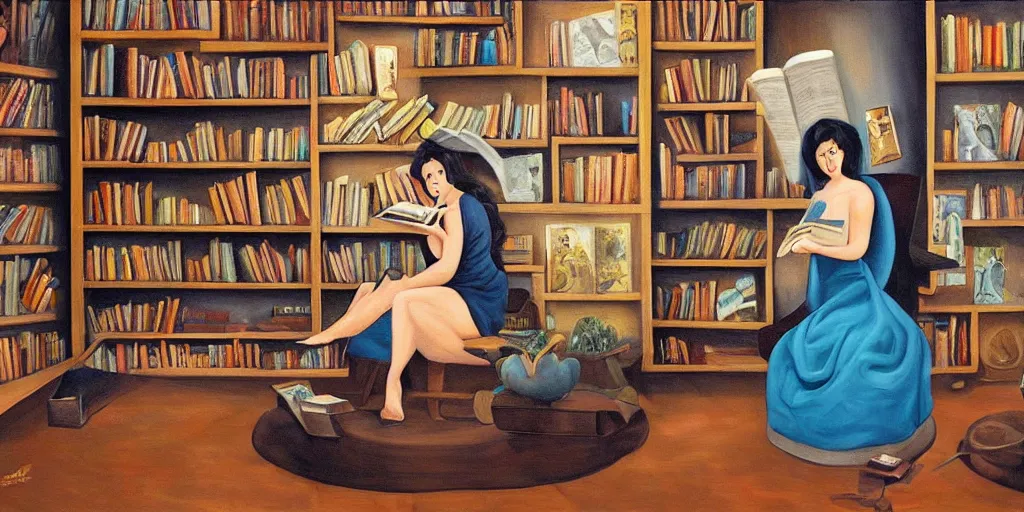 Prompt: surreal painting of a woman getting into a book