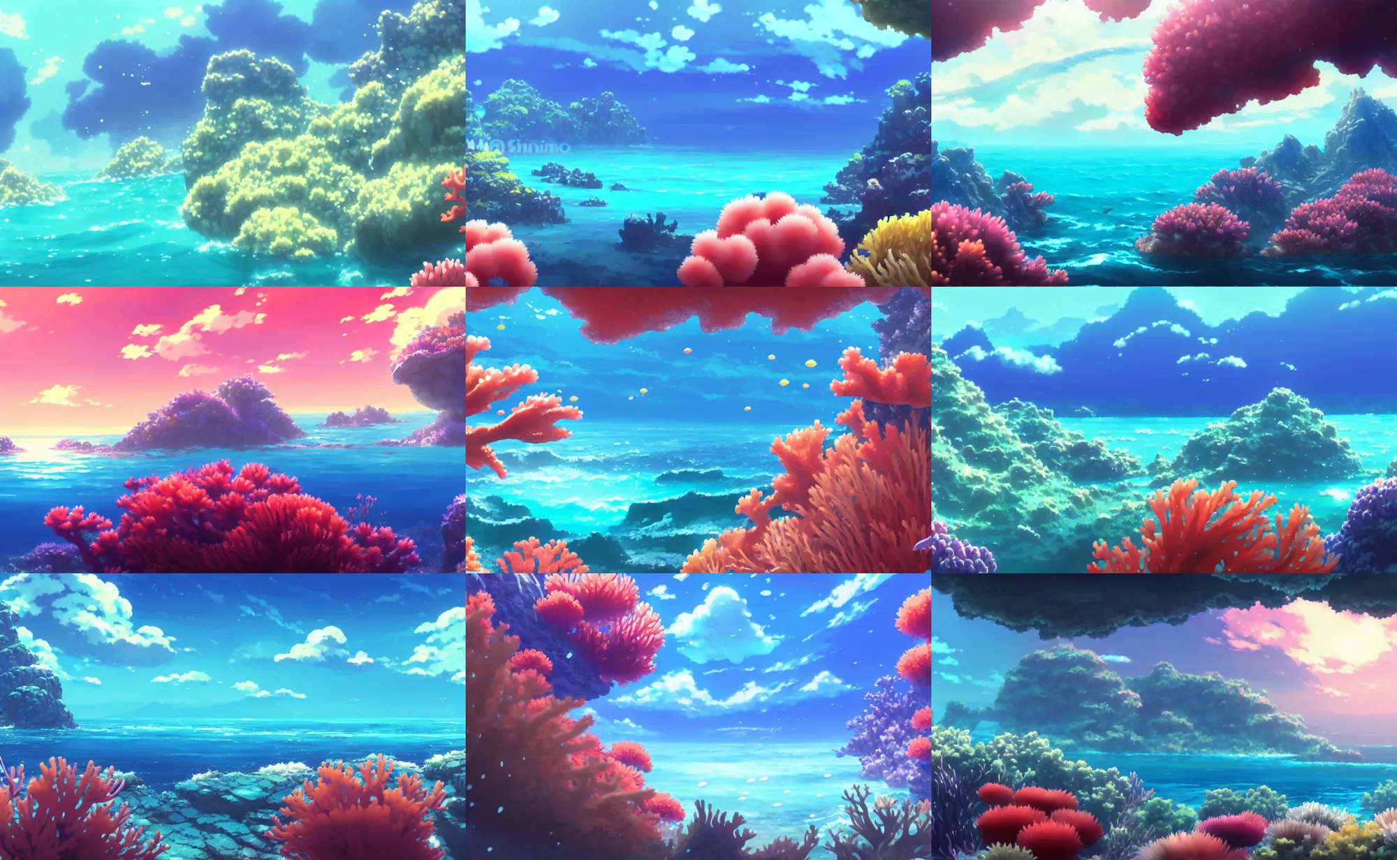 Prompt: an anime movie background matte painting of an underwater ocean reef, coral, fish, anemones, seaweed, ponyo background, by makoto shinkai, trending on artstation, highly detailed