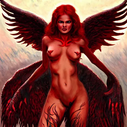 Prompt: Red-skinned Devil-girl with demon wings and a heart-shaped tail. Trending on ArtStation. A vibrant digital oil painting. A highly detailed fantasy character illustration by Wayne Reynolds and Charles Monet and Gustave Dore and Carl Critchlow and Bram Sels