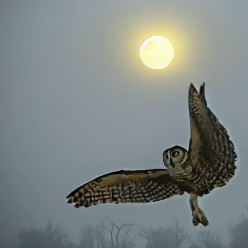 Prompt: huge owl with outstretched wings flapping flying hunting at night through fog talons reaching for prey striking killing a rabbit in the forest lit by the full moon fog moving through feathers