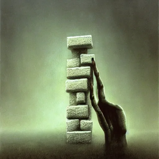 Prompt: arm reaching out of thick fog, cement blocks in background, zdzislaw beksinski