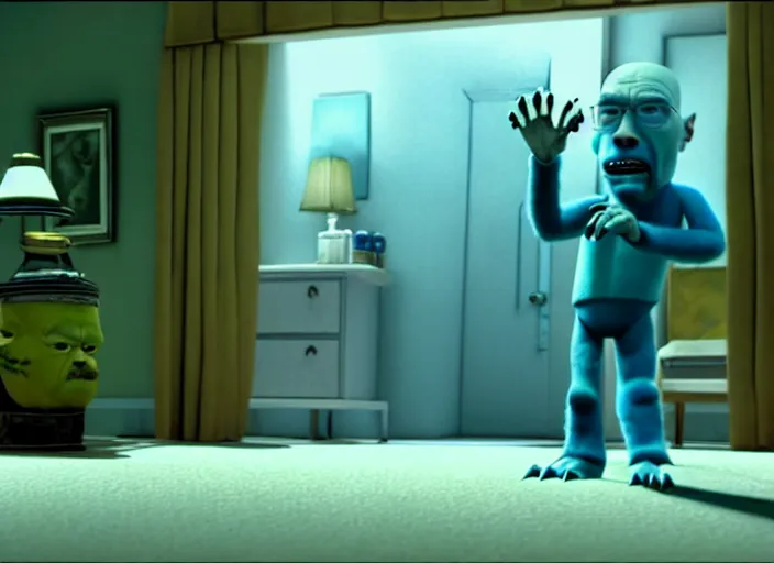 Image similar to film still of walter white as a monster in monsters, inc movie 2 0 0 1, 8 k, cinematic rule of thirds