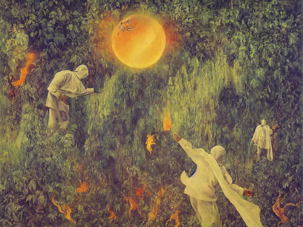 Prompt: man in white beekeeper suit with burning orchard and jungle animals running from the devil. painting by mikalojus konstantinas ciurlionis, bosch, wayne barlowe, agnes pelton, rene magritte