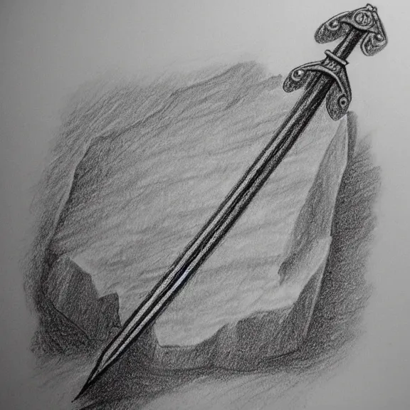Prompt: a pencil drawing of a sword in a stone. by pen tacular
