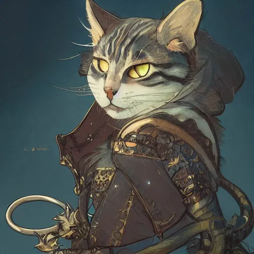 Image similar to A heraldic kitty cat with big cute eyes, D&D, fantasy, intricate, cinematic lighting, highly detailed, digital painting, artstation, concept art, smooth, sharp focus, illustration, art by Akihiko Yoshida, Greg Rutkowski and Alphonse Mucha