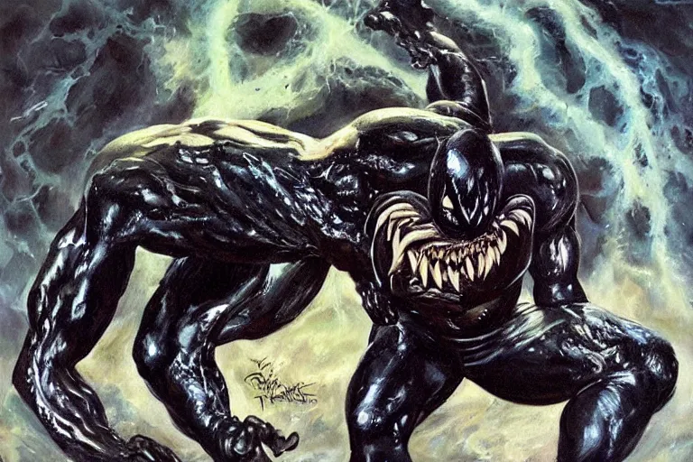 Image similar to a oil painting of dwayne johnson as venom the symbiote, oily, slimey, venom is covering him completely, black slime, drawn by frank frazetta