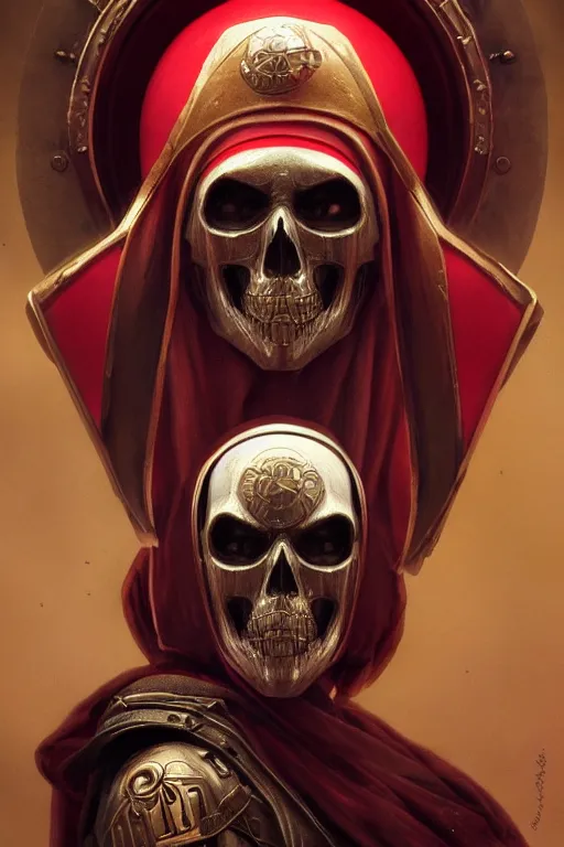 Image similar to ultra realistic illustration, 3 d render of a nun with a skull helmet red and gold accents, gothic, dark, hacknaut cyberpunk, sci - fi, fantasy, intricate, elegant, highly detailed, digital painting, artstation, concept art, smooth, sharp focus, illustration, art by artgerm and greg rutkowski and alphonse mucha