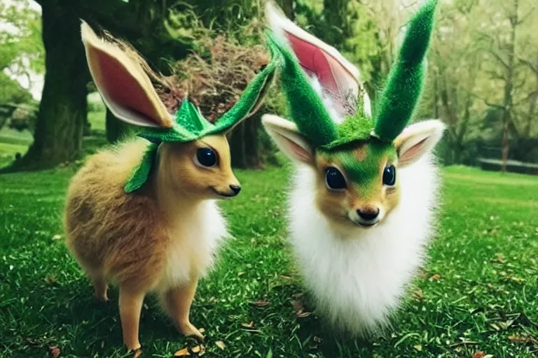 Image similar to real life leafeon pokemon, cute!!!, heroic!!!, adorable!!!, playful!!!, chubby!!! fluffly!!!, happy!!!, cheeky!!!, mischievous!!!, ultra realistic!!!, spring time, slight overcast weather, golden hour, sharp focus