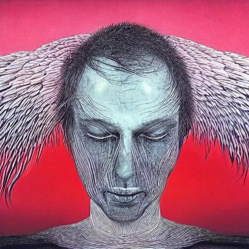 Prompt: One day, I am going to grow wings, a chemical reaction, hysterical and useless., radiohead album art cover, A photography portrait by Stanley Donwood and Zdzislaw Beksinski