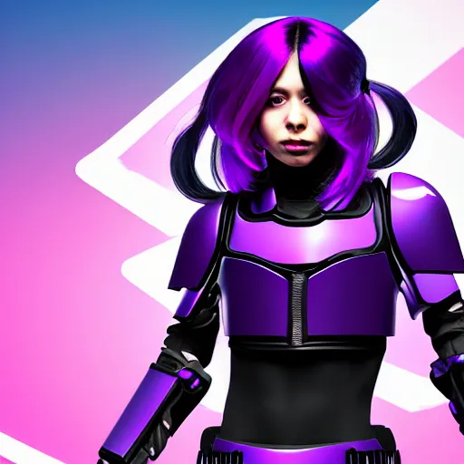 Image similar to a award winning action upper body portrait of a beautiful woman with a ombre purple pink hairstyle with head in motion and hair flying while wearing futuristic navy blue bodyarmor and pauldrons, outrun, vaporware, highly detailed, fine detail, intricate