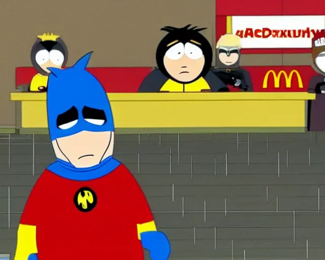 Prompt: batman working at mcdonalds, on an episode of south park, cdx