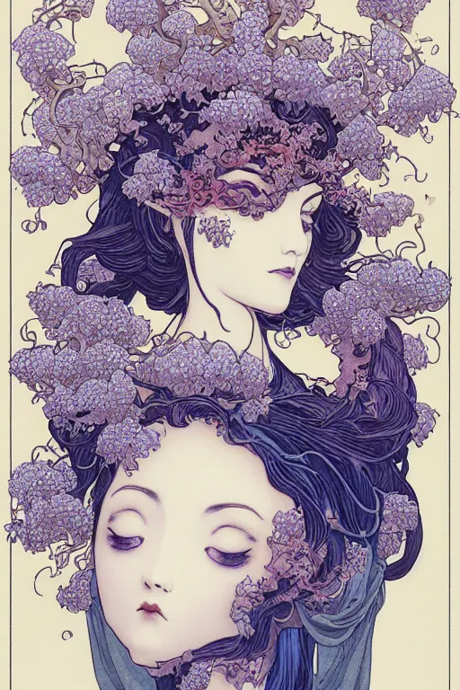 Image similar to beautiful symmetrical goddess of wisteria : : 2, highly detailed, intricate designs, by hokusai, mike mignola, nekro, peter mohrbacher, alphonse mucha, brian froud, yoshitaka amano, kim keever, victo ngai, james jean, jean giraud, elaborate ink illustration, trending on artstation