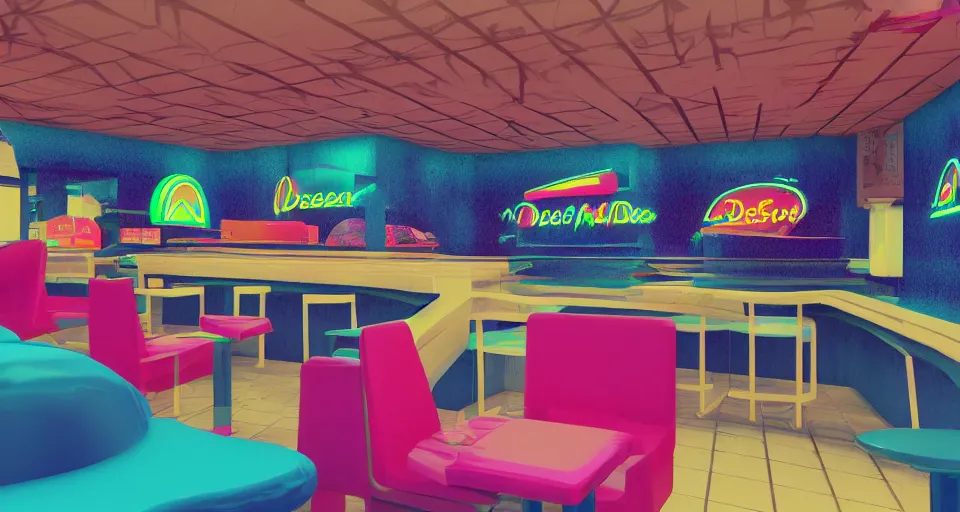 Image similar to 80s vaporwave outrun 3d Render of deep sea mcdonalds, liminal space retro, grainy, noisy