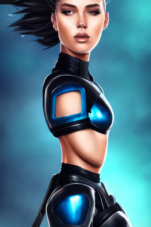 Prompt: a stunning upper body portrait of a beautiful young woman wearing futuristic deep black battle bodyarmor with ombre navy blue teal hairstyle blowing in the wind by marvel comics, digital art, trending on artstation