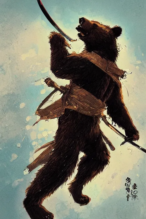 Prompt: key anime visuals rendering of a bear dressed as a ninja fighting with a katana. colorful design. higly detailed, intricate, greg rutkowski, anime manga style, trending on art station.